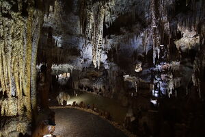 Energy-efficient LED lighting showcasing geological structures in cave