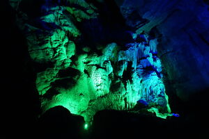 Colorful LED light and music show in a show cave